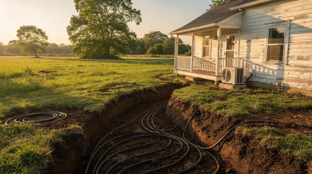 Geothermal ground loop trench beside a farmhouse
