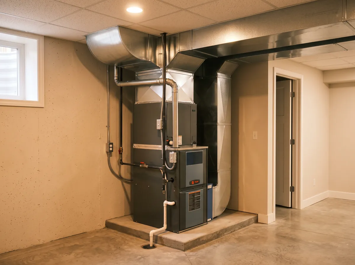 Furnace and air handler installed in a finished basement